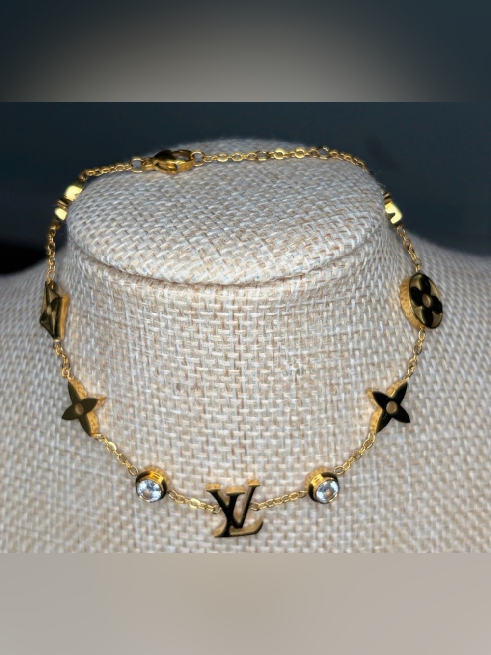 LV Gold Logo Charm Necklace with Crystal Accents